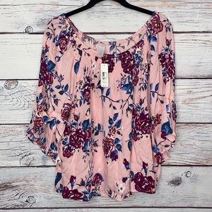 NWT Pink Floral Flowy Bell Sleeve Top XL